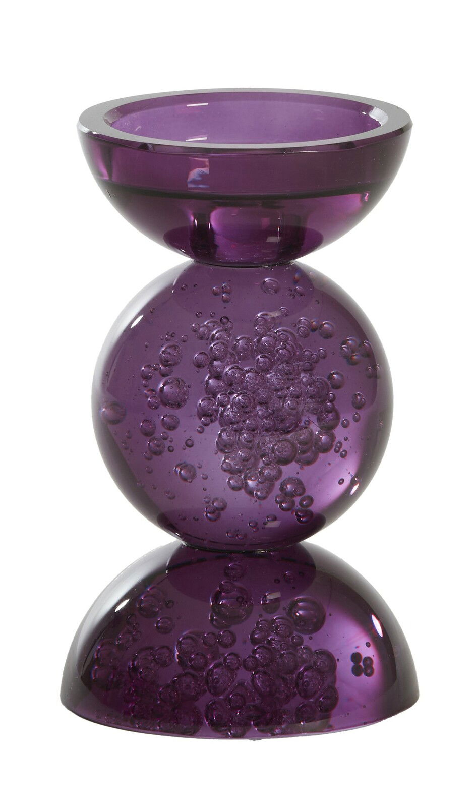 Lila Kerzenhalter aus Glas mit Blasenmuster, seitliche Perspektive