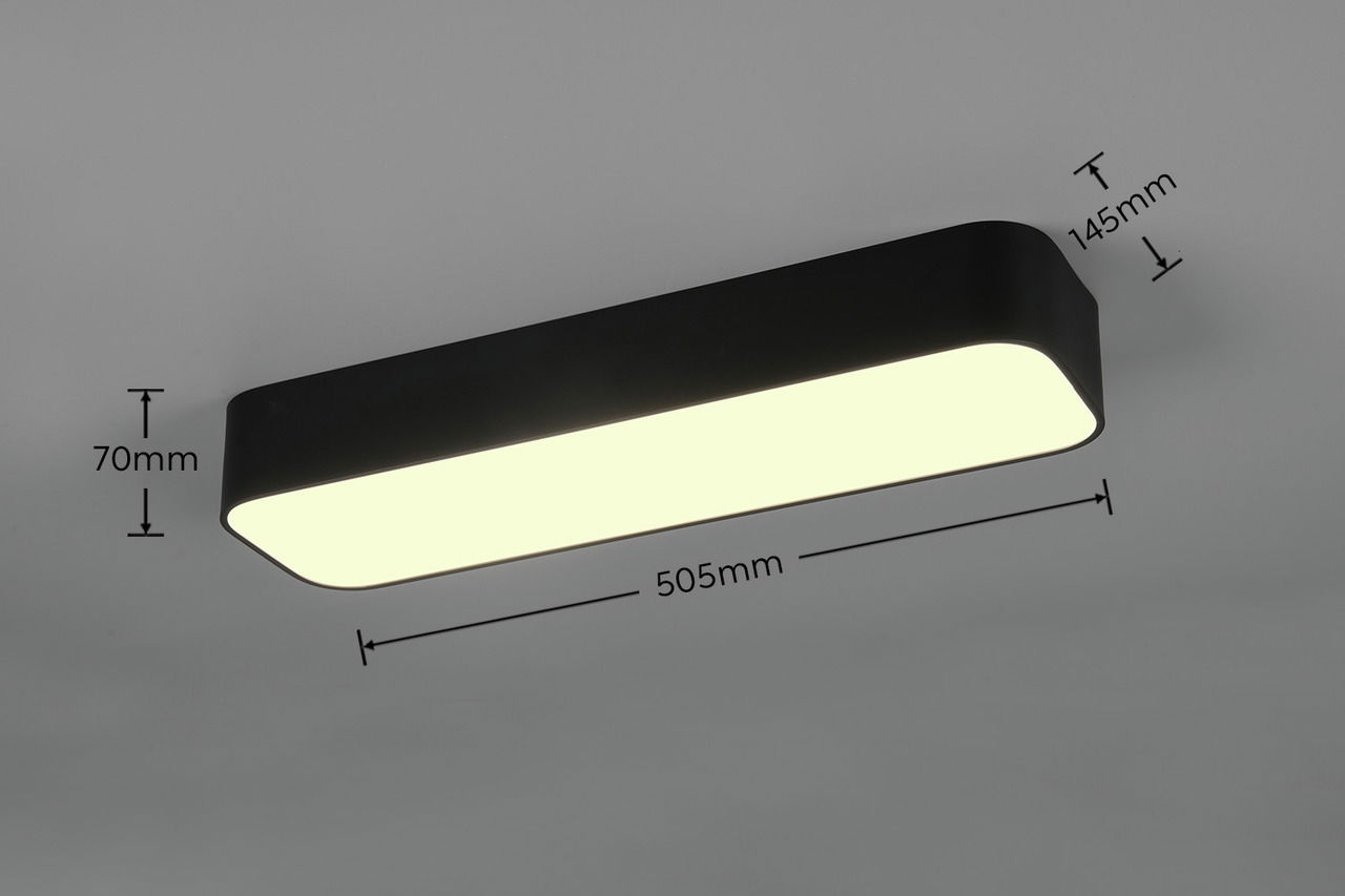 Rechteckige LED-Deckenleuchte ASTERION in schwarzem Gehäuse, seitliche Perspektive, Maße: 505mm x 145mm x 70mm