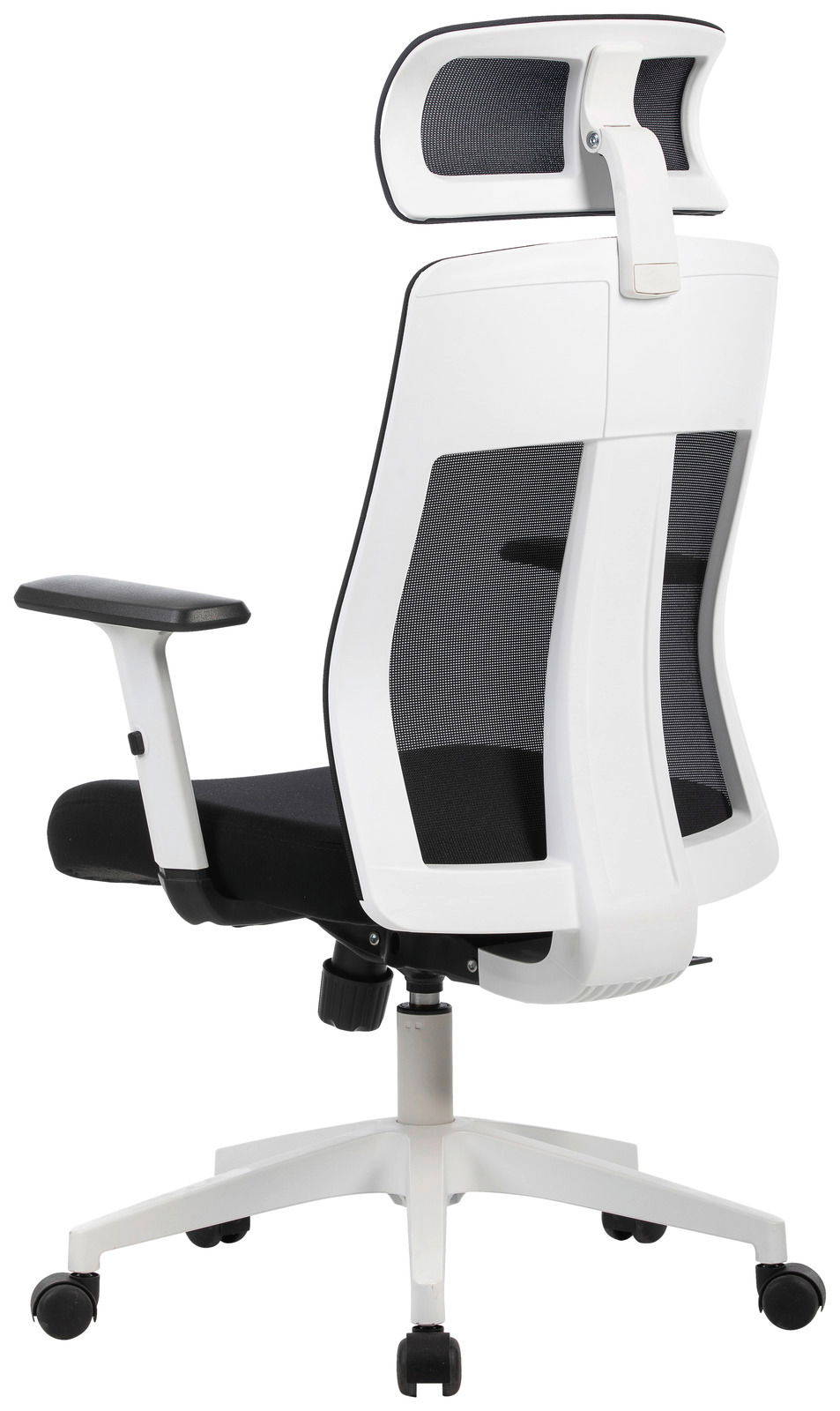 Moderner weißer Drehstuhl mit schwarzer Netzrückenlehne und Kopfstütze, Rückansicht