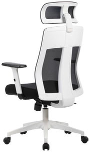 Moderner weißer Drehstuhl mit schwarzer Netzrückenlehne und Kopfstütze, Rückansicht