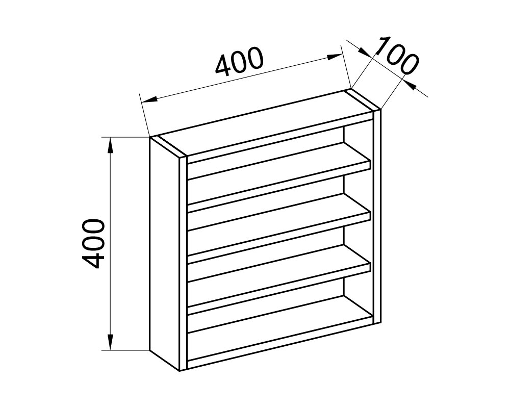 Isometrische Ansicht eines offenen Wandregals mit drei Einlegeböden, Maße ca. 400 x 400 x 100 mm (B x H x T), technische Zeichnung mit Bemaßung.