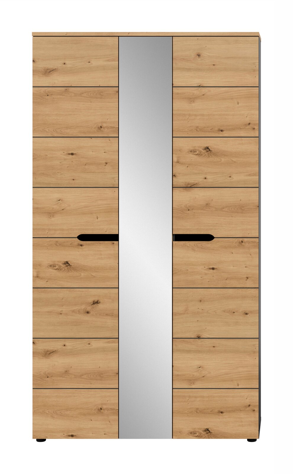 Hoher zweitüriger Kleiderschrank aus hellem Holz mit sichtbarer Maserung und mittigem Spiegel, Frontansicht