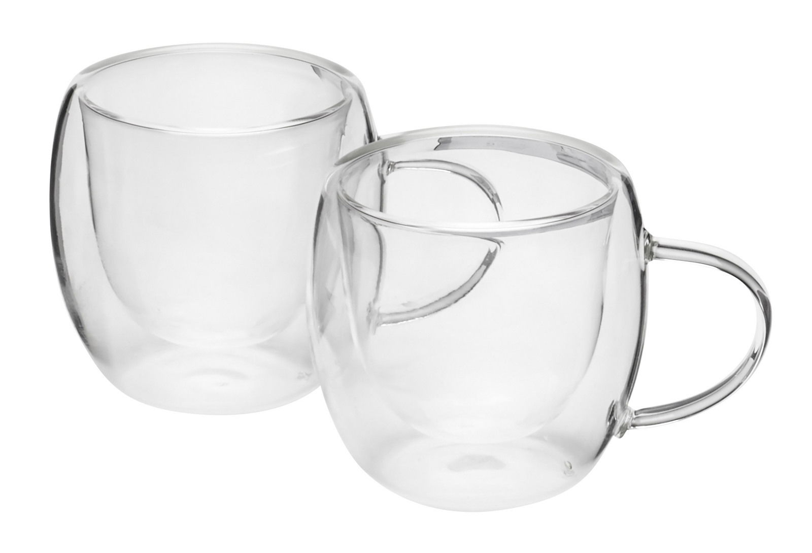 Zwei doppelwandige Espressogläser mit Griffen, seitliche Perspektive
