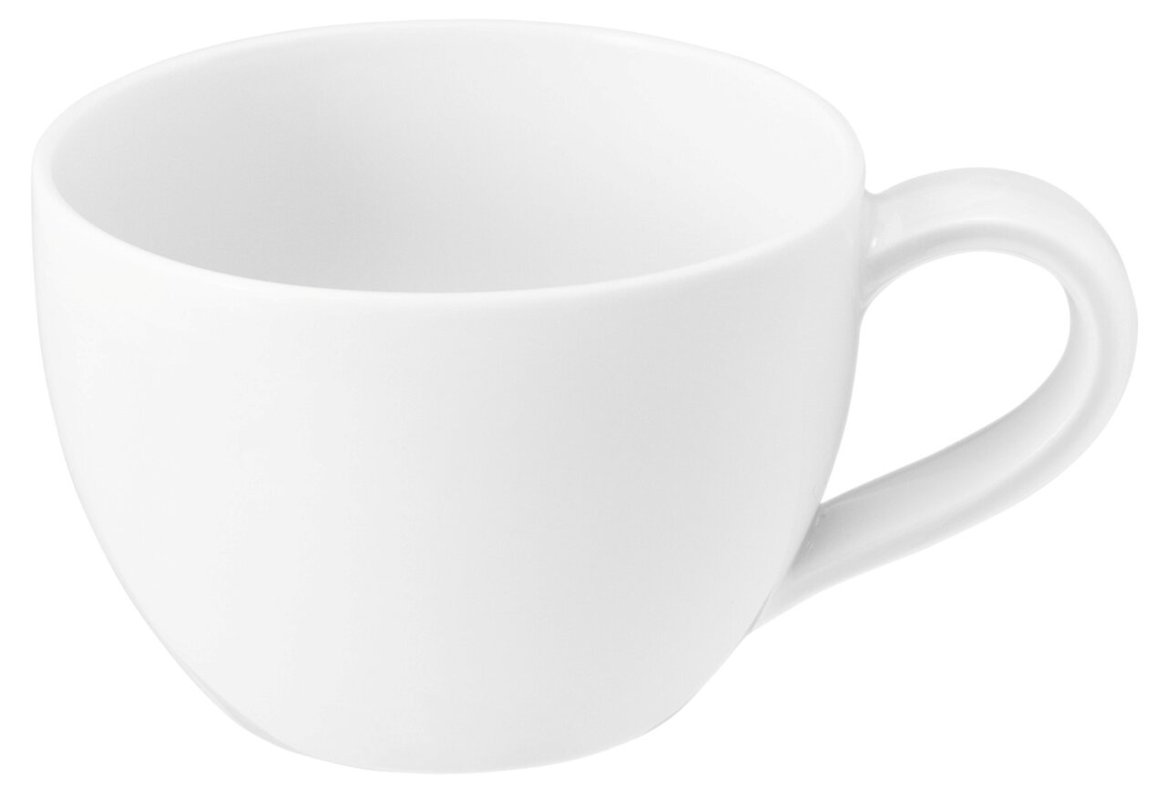 Weiße Espressotasse aus Porzellan, seitliche Ansicht mit Henkel rechts