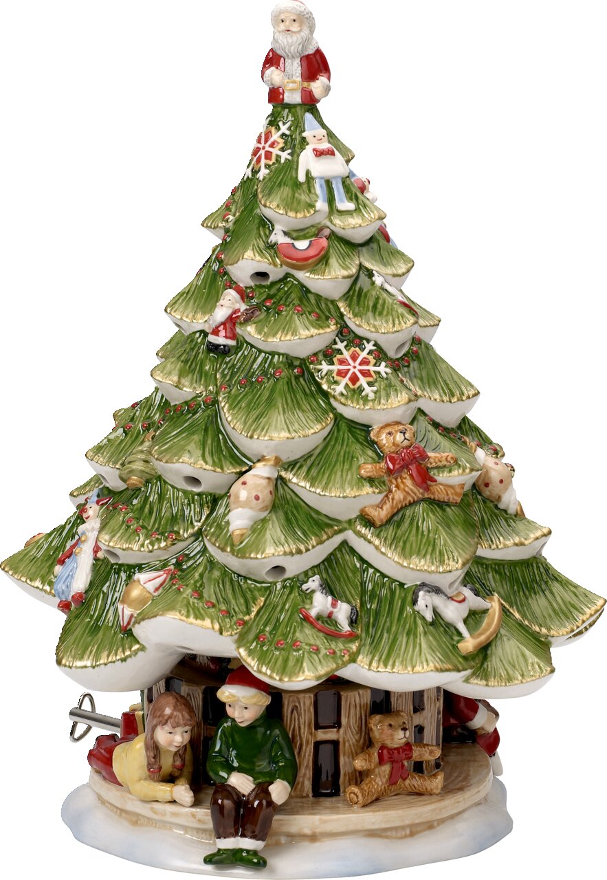 Keramik-Tannenbaum mit weihnachtlichen Figuren und Kindern, von vorne betrachtet.