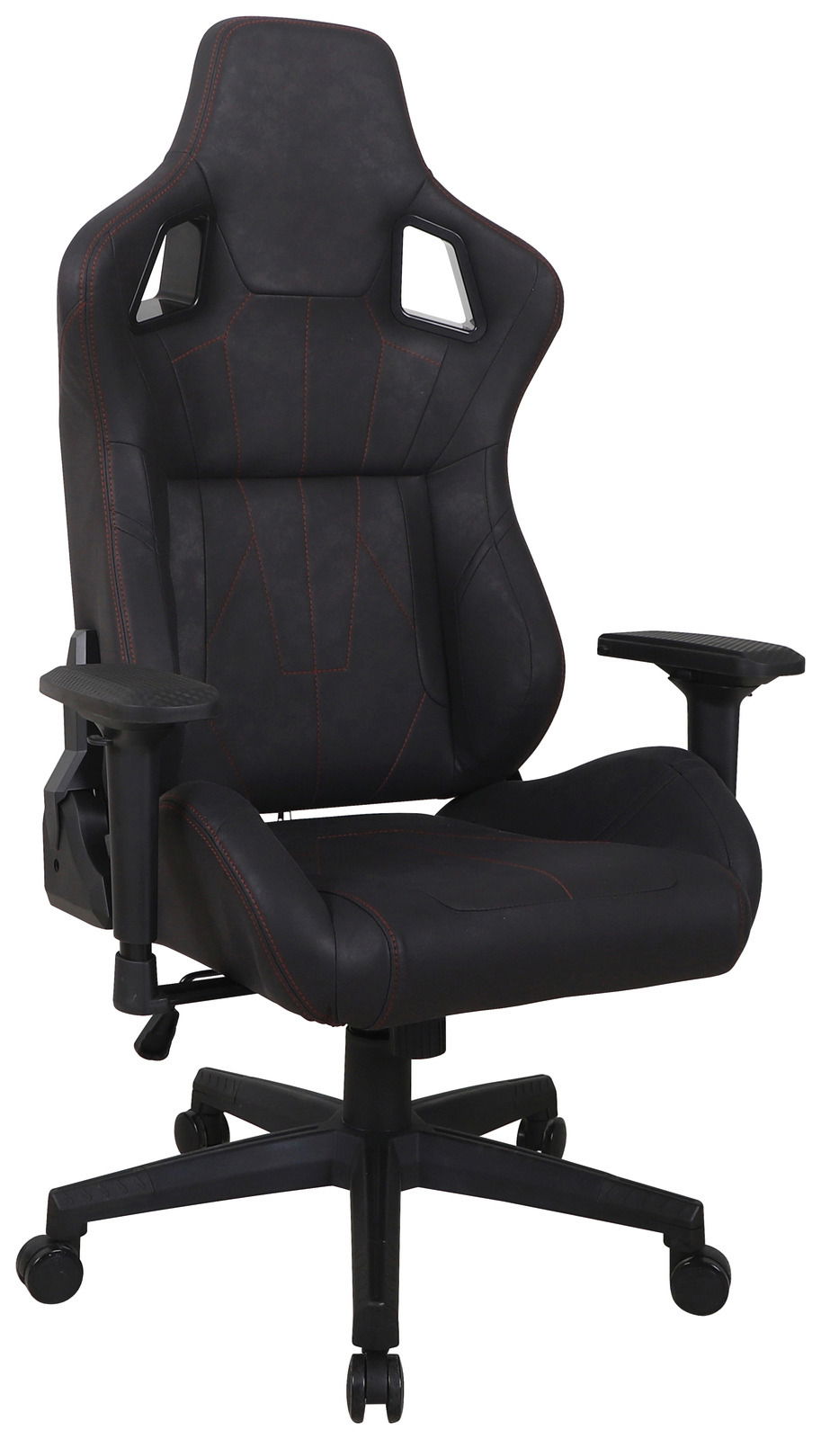 Venda Gaming Stuhl DANJO Schwarzer Gaming-Stuhl mit roten Nähten, ergonomischem Design und verstellbaren Armlehnen, Vorderansicht.