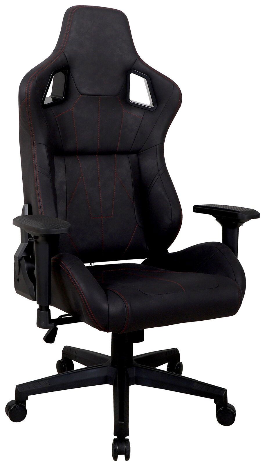 Venda Gaming Stuhl DANJO Schwarzer Gaming-Stuhl mit roten Nähten, ergonomischem Design und verstellbaren Armlehnen, Vorderansicht.