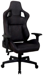Schwarzer Gaming-Stuhl mit roten Nähten, ergonomischem Design und verstellbaren Armlehnen, Vorderansicht.