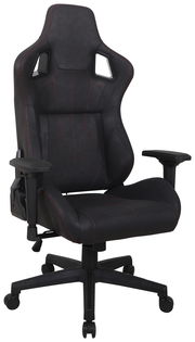 Schwarzer Gaming-Stuhl mit roten Nähten, ergonomischem Design und verstellbaren Armlehnen, Vorderansicht.