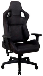 Schwarzer Gaming-Stuhl mit roten Nähten, ergonomischem Design und verstellbaren Armlehnen, Vorderansicht.