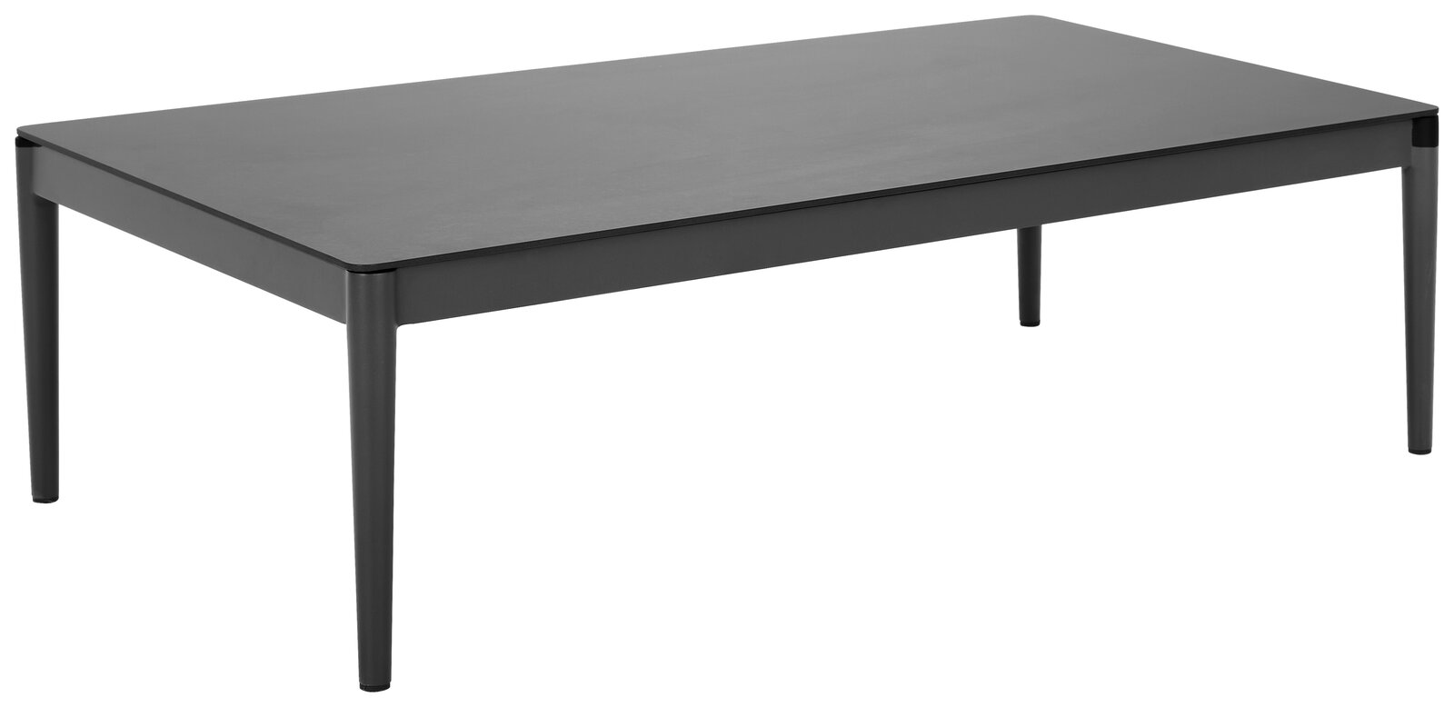 Moderner schwarzer Loungetisch aus Metall mit rechteckiger Tischplatte, seitliche Perspektive