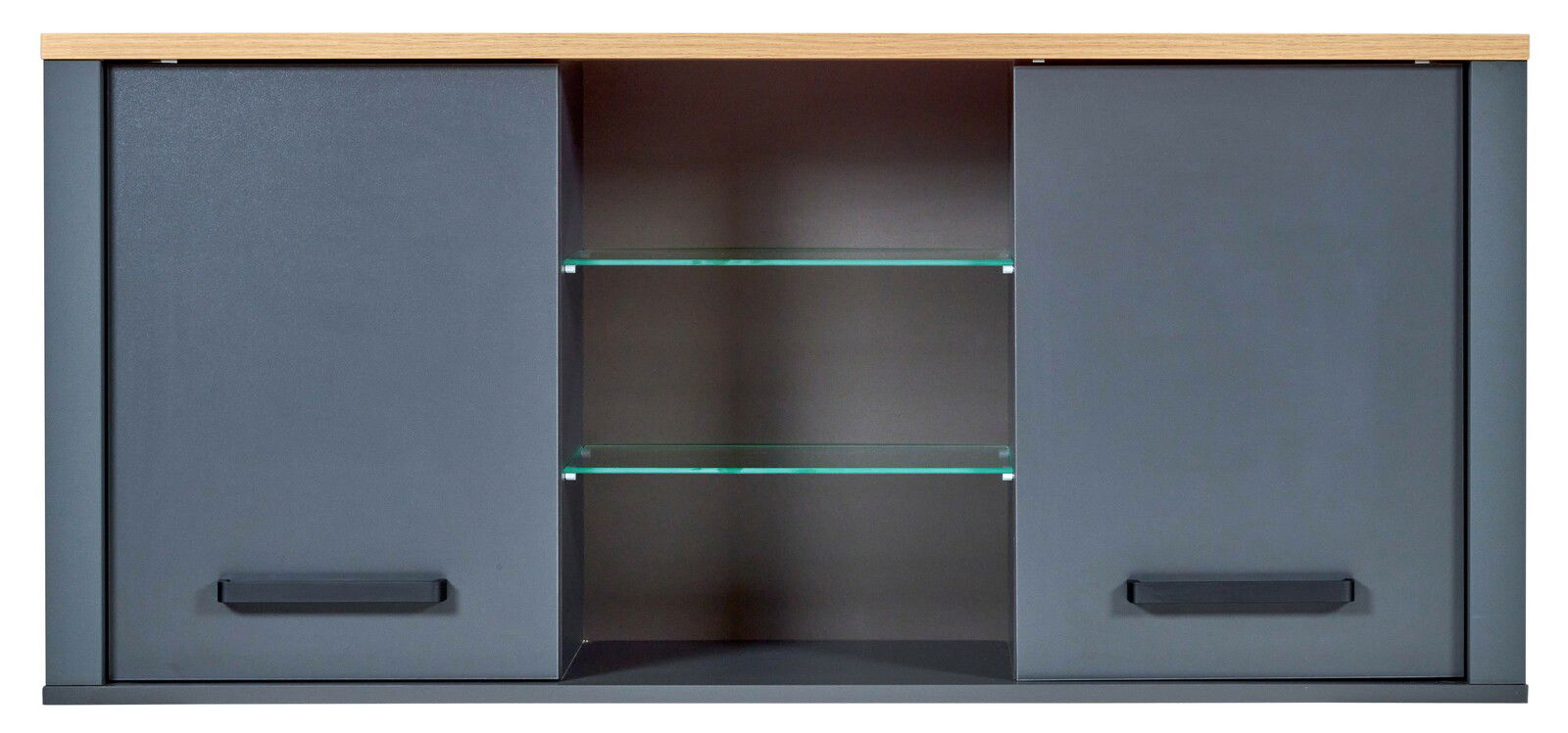 Moderner Hängeschrank mit zwei grauen Türen und zwei Glasregalen in der Mitte, frontal betrachtet.