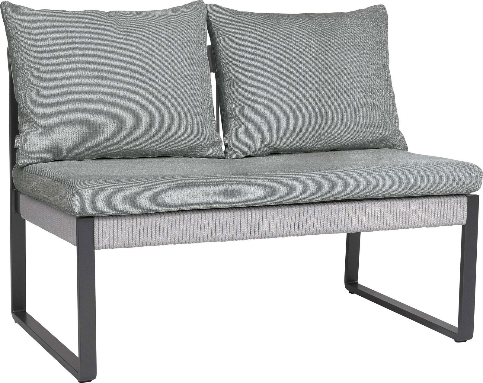 2-Sitzer Loungeelement in seitlicher Perspektive mit grauen Kissen und modernem Metallrahmen