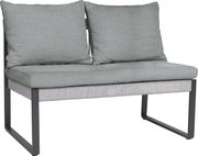 2-Sitzer Loungeelement in seitlicher Perspektive mit grauen Kissen und modernem Metallrahmen
