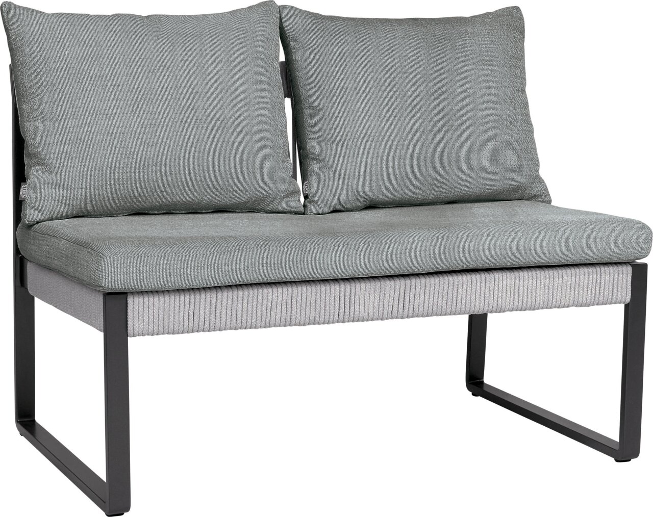 2-Sitzer Loungeelement in seitlicher Perspektive mit grauen Kissen und modernem Metallrahmen