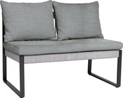 2-Sitzer Loungeelement in seitlicher Perspektive mit grauen Kissen und modernem Metallrahmen