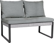 2-Sitzer Loungeelement in seitlicher Perspektive mit grauen Kissen und modernem Metallrahmen