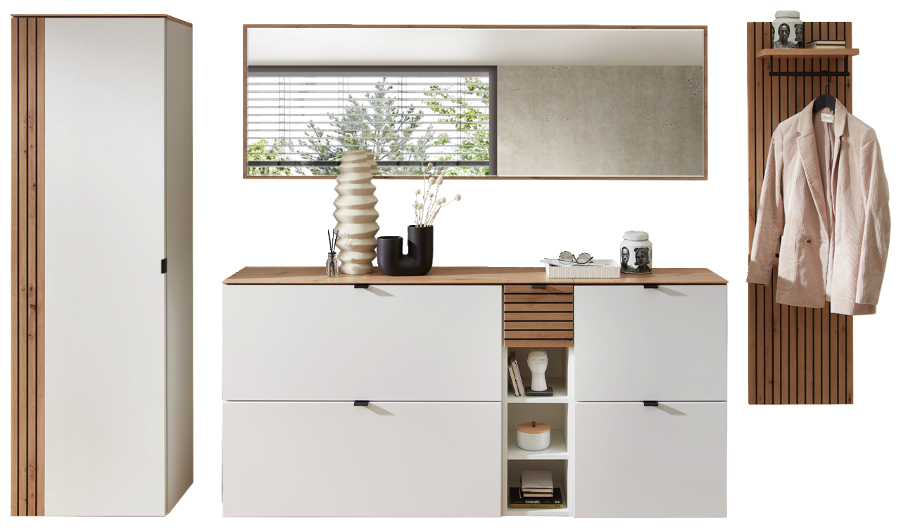 Voleo Garderoben-Set DIANA Garderoben-Set in Weiß mit Holzdetails, bestehend aus einem hohen Schrank, einer Kommode mit Schubladen und offenen Fächern, einem großen Spiegel und einer Wandgarderobe mit Haken und Ablage. Perspektive: Frontalansicht.