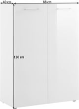 Weißer Schuhschrank mit zwei Türen, frontal abgebildet, Maße 88 cm Breite, 40 cm Tiefe, 120 cm Höhe.
