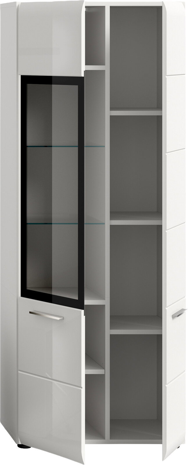 Weißer Hochschrank mit teils geöffneter Tür, links mit getöntem Glaseinsatz und Glasböden, rechts offene Regalfächer; Frontansicht in leichter Schrägperspektive.