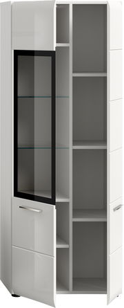 Weißer Hochschrank mit teils geöffneter Tür, links mit getöntem Glaseinsatz und Glasböden, rechts offene Regalfächer; Frontansicht in leichter Schrägperspektive.