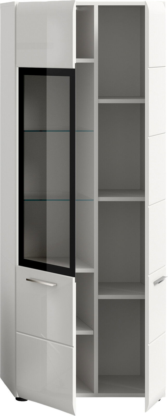 Weißer Hochschrank mit teils geöffneter Tür, links mit getöntem Glaseinsatz und Glasböden, rechts offene Regalfächer; Frontansicht in leichter Schrägperspektive.