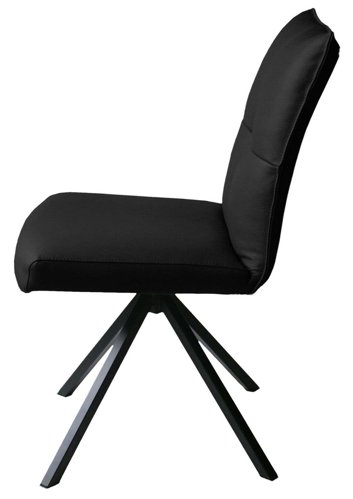 Novel Stuhl NIZZA Schwarzer Stuhl mit gepolsterter Sitzfläche und Rückenlehne, seitliche Ansicht, auf einem stabilen Metallgestell mit vier Beinen.