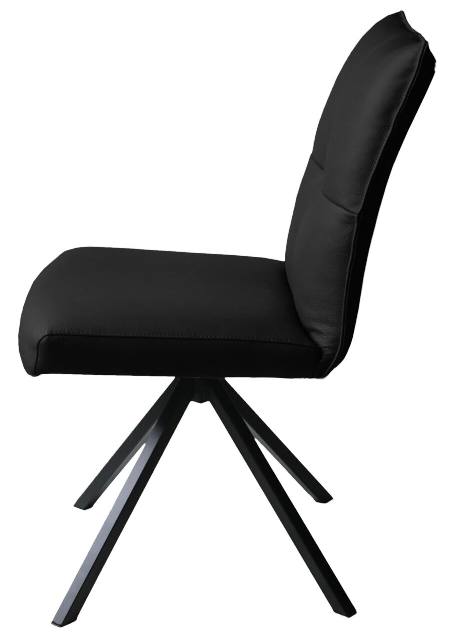 Novel Stuhl NIZZA Schwarzer Stuhl mit gepolsterter Sitzfläche und Rückenlehne, seitliche Ansicht, auf einem stabilen Metallgestell mit vier Beinen.