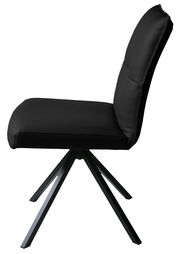 Schwarzer Stuhl mit gepolsterter Sitzfläche und Rückenlehne, seitliche Ansicht, auf einem stabilen Metallgestell mit vier Beinen.