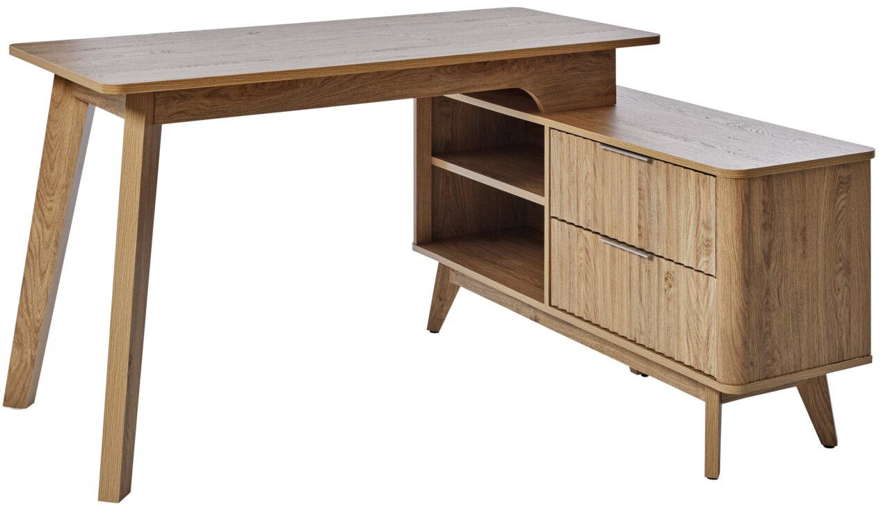 Novel Eck-Schreibtisch WAVE Moderner Eck-Schreibtisch aus Holz mit Schubladen und Regalfächern, seitliche Perspektive
