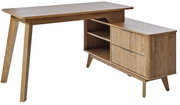 Moderner Eck-Schreibtisch aus Holz mit Schubladen und Regalfächern, seitliche Perspektive