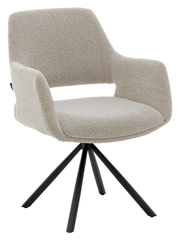 Moderner Armlehnstuhl mit beigem Stoffbezug und schwarzem Metallgestell, seitliche Perspektive