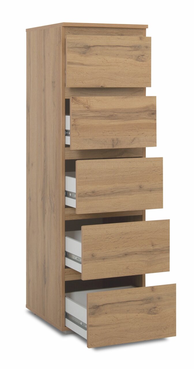 Holzkommode mit fünf offenen Schubladen, seitliche Perspektive