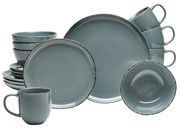 Kombiservice Urban 16-tlg. in Grau, bestehend aus Tellern, Schalen und Tassen, aus seitlicher Perspektive fotografiert.