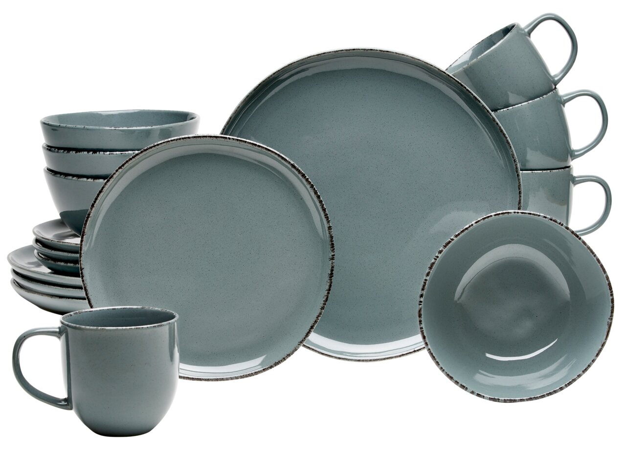 Van Well Kombiservice 16-tlg. URBAN Kombiservice Urban 16-tlg. in Grau, bestehend aus Tellern, Schalen und Tassen, aus seitlicher Perspektive fotografiert.