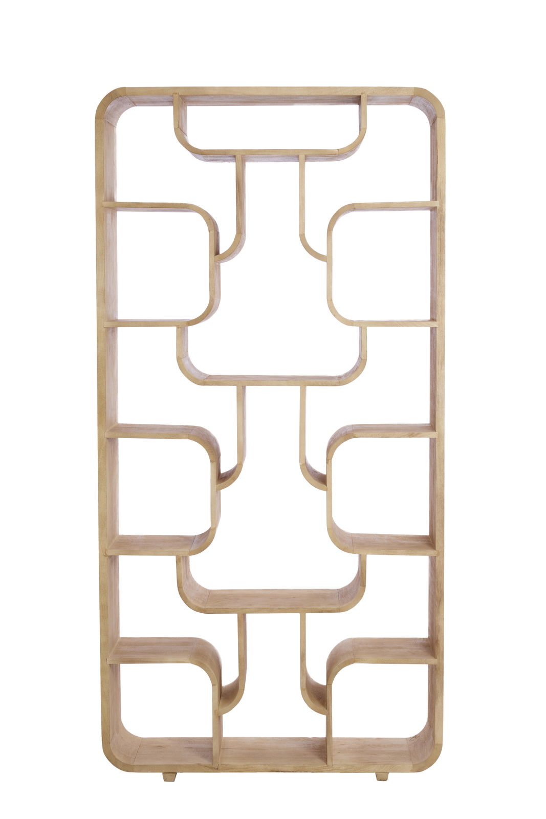 Frontale Ansicht eines modernen, offenen Standregals aus Holz mit asymmetrischen Fächern.