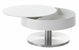 Moderner weißer Couchtisch mit rundem, drehbarem Tischplatten-Design und integriertem Stauraum, seitliche Perspektive.