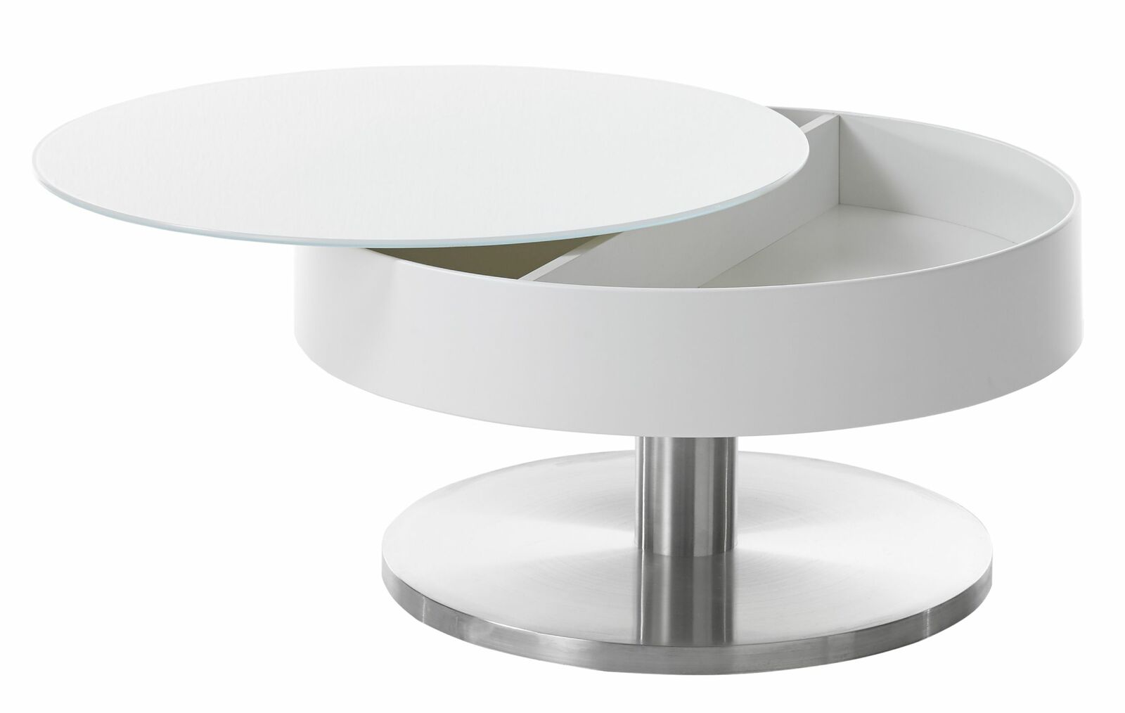 Moderner weißer Couchtisch mit rundem, drehbarem Tischplatten-Design und integriertem Stauraum, seitliche Perspektive.