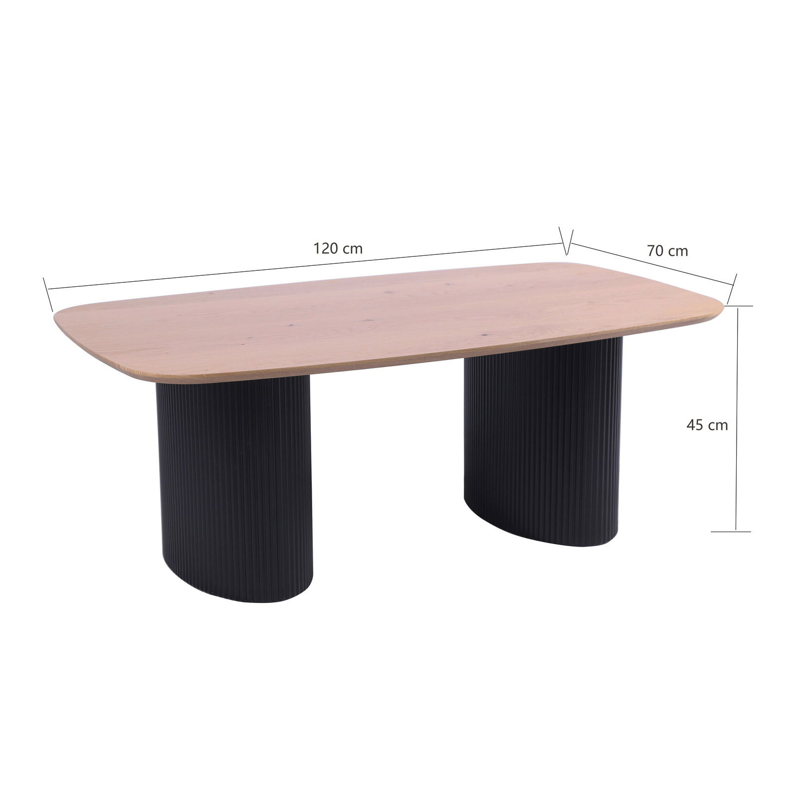 Moderner Couchtisch mit rechteckiger Holzplatte und zwei schwarzen, geriffelten Säulen als Beine, seitliche Perspektive.