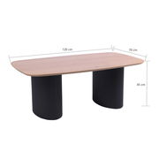 Moderner Couchtisch mit rechteckiger Holzplatte und zwei schwarzen, geriffelten Säulen als Beine, seitliche Perspektive.