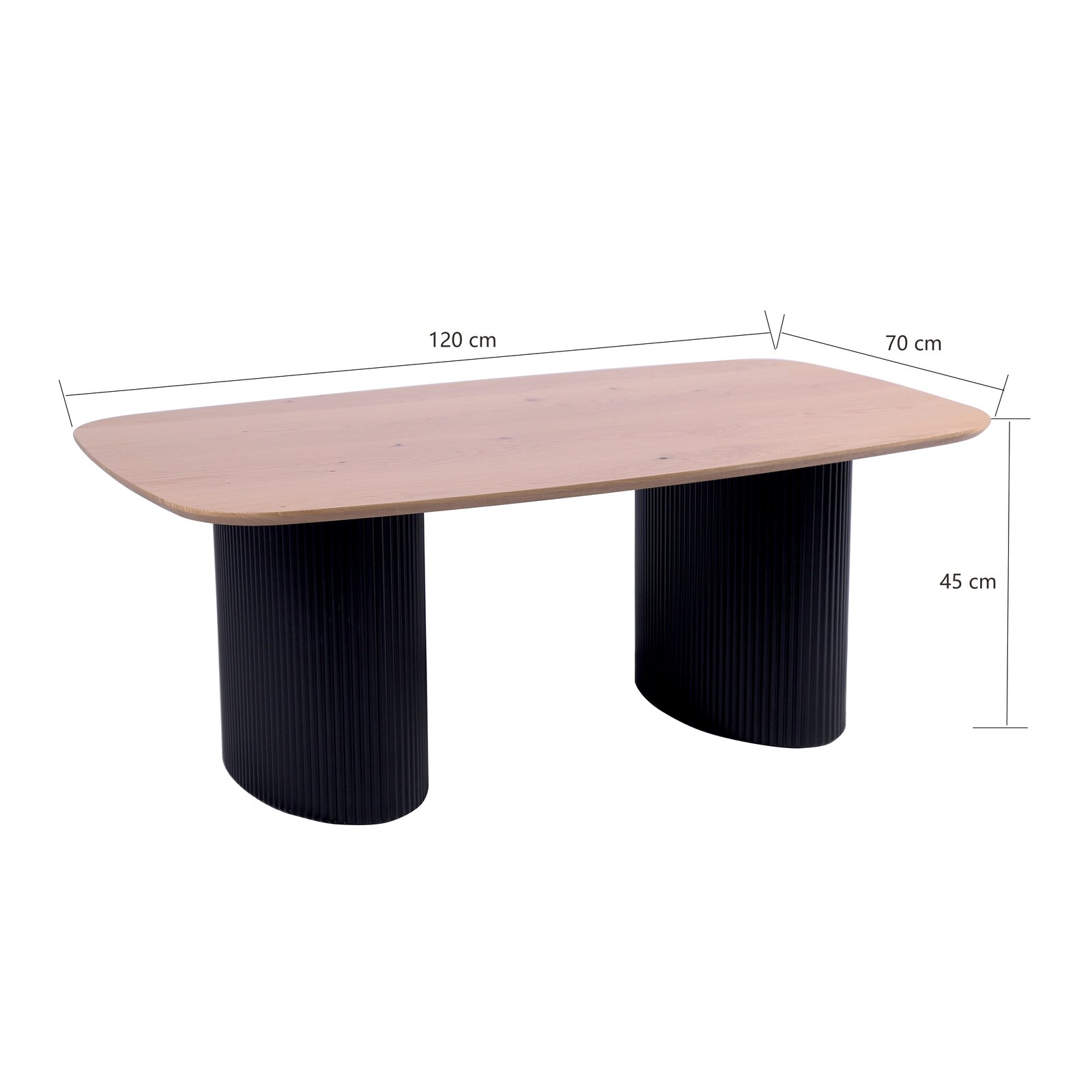 Moderner Couchtisch mit rechteckiger Holzplatte und zwei schwarzen, geriffelten Säulen als Beine, seitliche Perspektive.