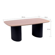 Moderner Couchtisch mit rechteckiger Holzplatte und zwei schwarzen, geriffelten Säulen als Beine, seitliche Perspektive.