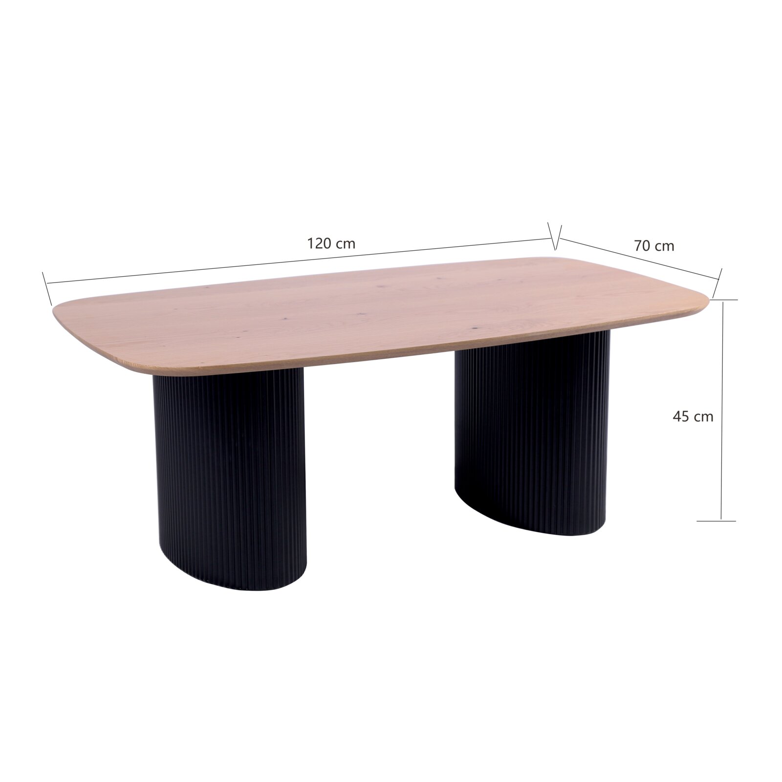 Moderner Couchtisch mit rechteckiger Holzplatte und zwei schwarzen, geriffelten Säulen als Beine, seitliche Perspektive.