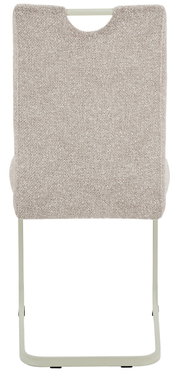 Rückansicht eines beige gepolsterten Schwingstuhls mit Metallgestell.