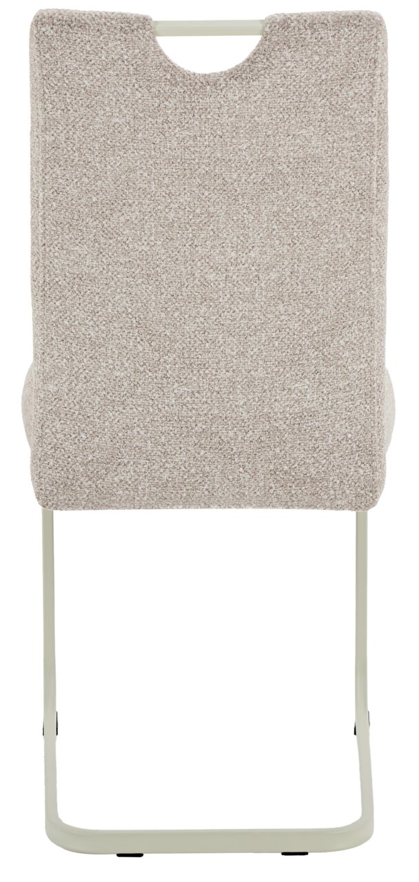 Rückansicht eines beige gepolsterten Schwingstuhls mit Metallgestell.