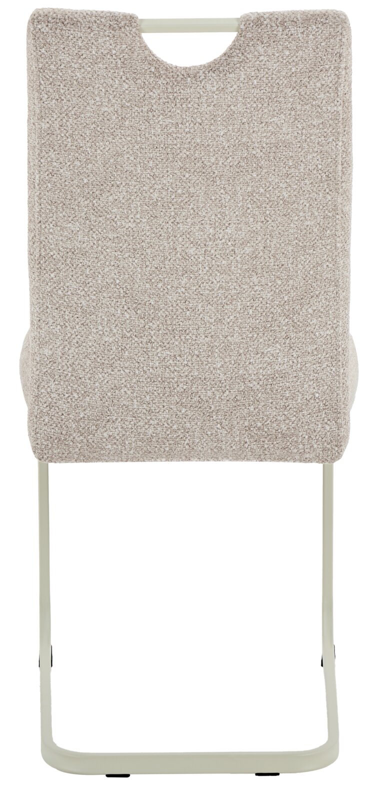 Rückansicht eines beige gepolsterten Schwingstuhls mit Metallgestell.