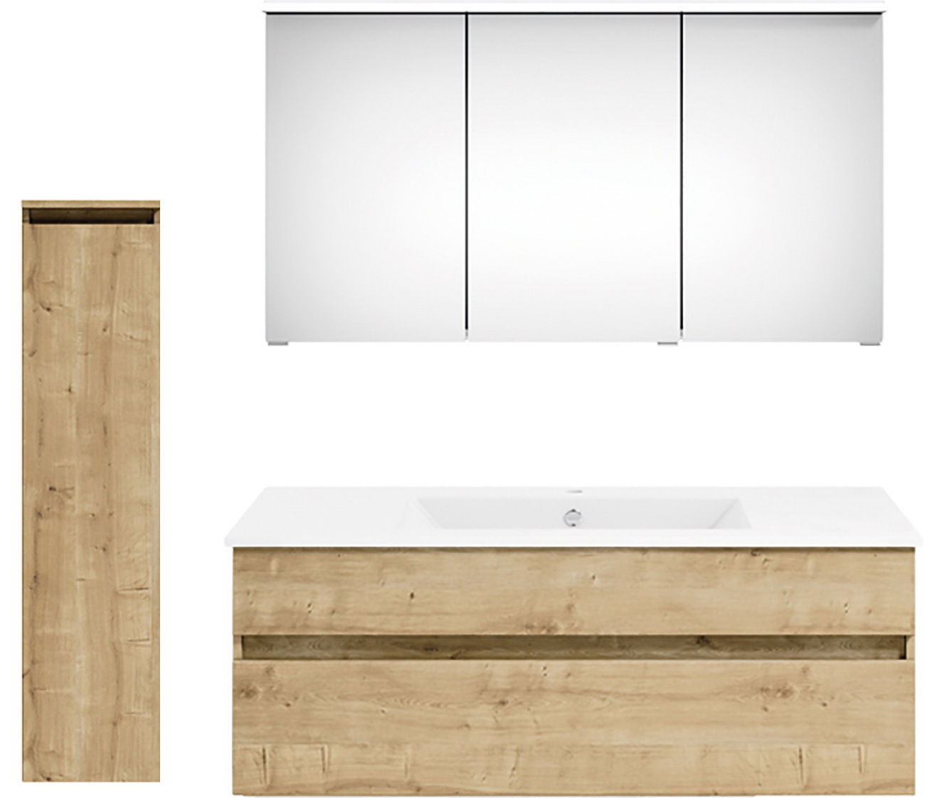 Frontale Ansicht einer Badkombination mit Holzoptik-Unterschrank, weißem Waschbecken und dreiteiligem Spiegelschrank.