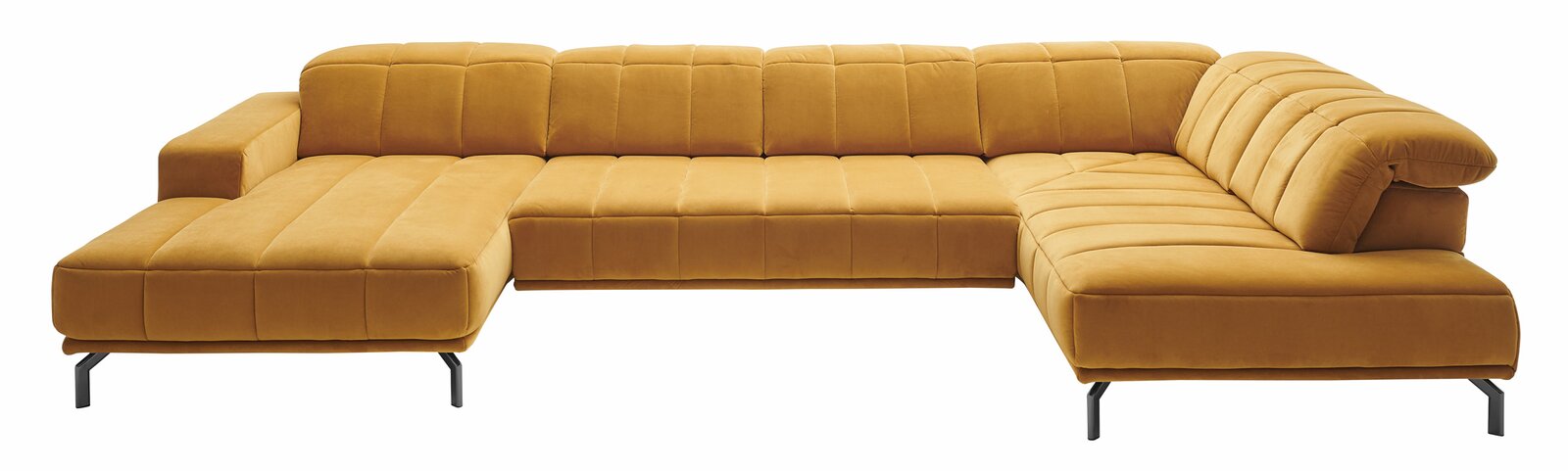 Gelbe Polsterrundecke in L-Form mit schwarzem Metallgestell, Ansicht von vorne.