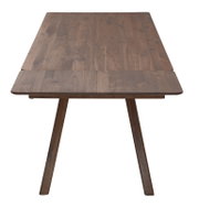 Uitschuifbare houten eettafel met walnootlook en afgeronde hoeken, getoond in vooraanzicht met licht schuin bovenaanzicht op wit