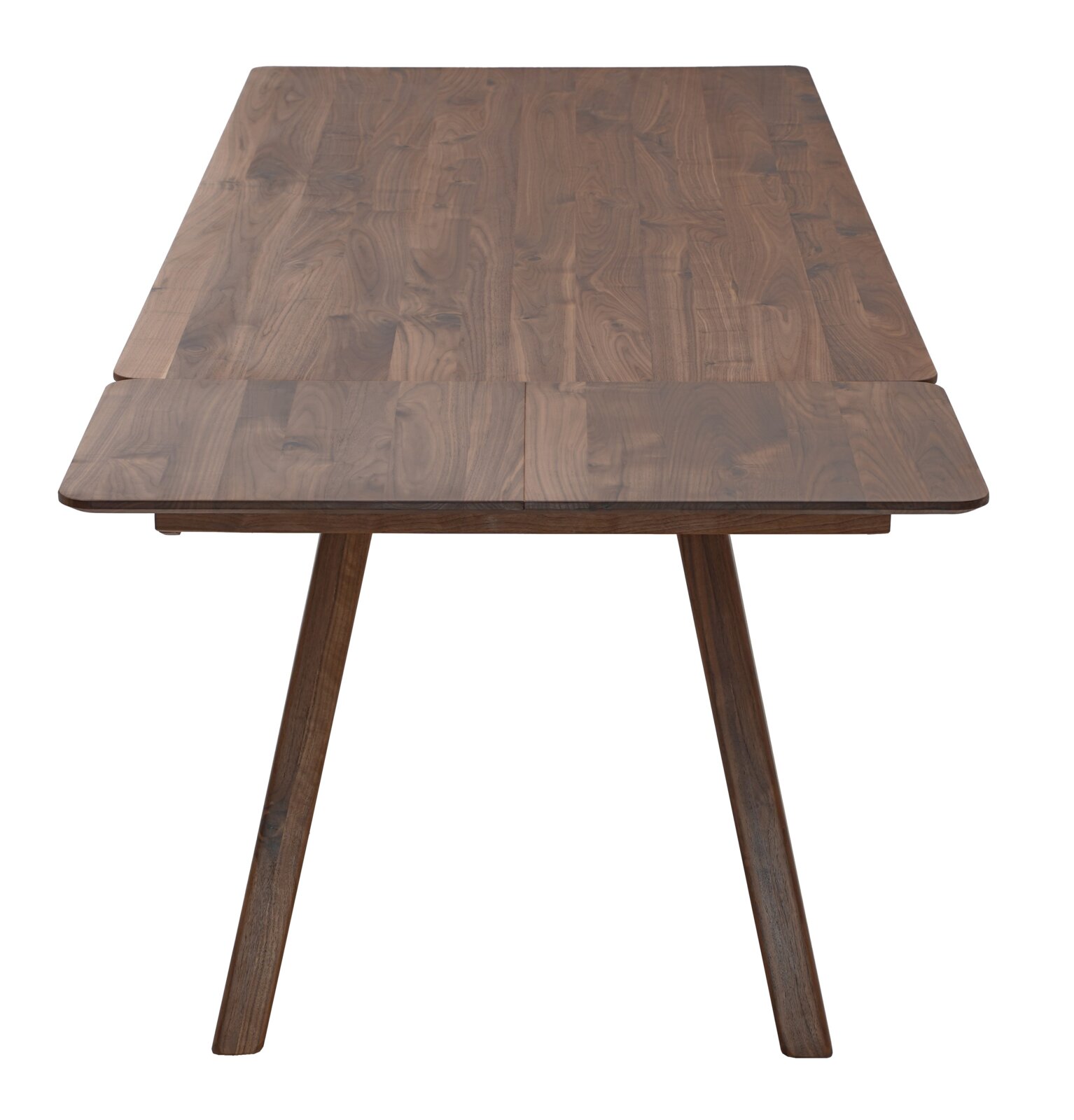 Uitschuifbare houten eettafel met walnootlook en afgeronde hoeken, getoond in vooraanzicht met licht schuin bovenaanzicht op wit